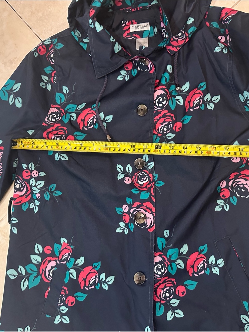 Capelli of New York Navy Floral Hooded Trench Coat Size M - Picture 12 of 16